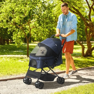 PawHut Chariot Pliable pour Chiens avec Freins et Sécurité Bleu