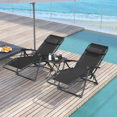 Outsunny Set de Tumbonas para Jardín 3 Piezas Tumbona con Mesa Auxiliar 2 Sillas Cojín, Tumbona para Exterior 90x56x110 cm Negro