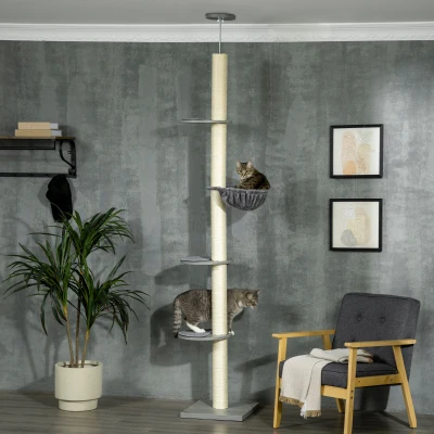 PawHut Albero per Gatti 40cm x 40cm x 250cm Grigio + Bianco crema