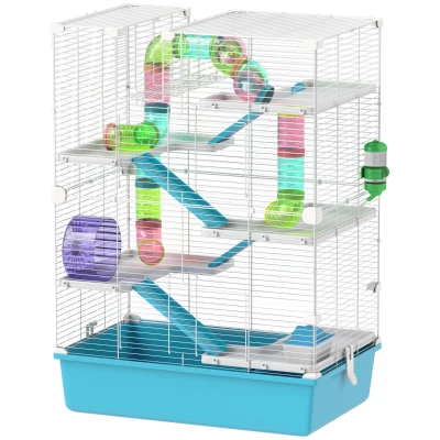 PawHut Cage pour hamster à 6 étages avec tubes, tunnels, cabane, roue d’exercice, gamelle et bouteille d’eau, Bleu clair