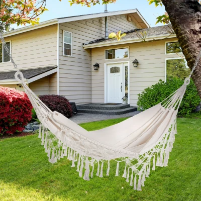 Outsunny Hängemattentuch Reisehängematte im angesagten Bohème-Chic-Stil Maße 2,88m L x 1,5m B Baumwolle Polyester Beige