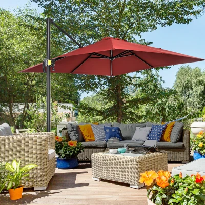 Outsunny Parasol desplazable cuadrado con manivela y base de acero 2,5x2,5 m aluminio poliéster Rojo