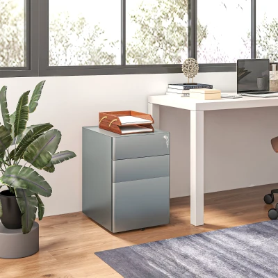 Vinsetto Archivador de oficina con ruedas y 3 cajones bloqueables organizador de archivos 39x48x59 cm acero Gris