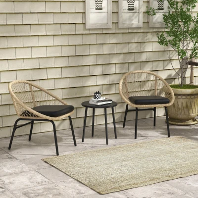 Outsunny Conjunto de Muebles de Jardín de Ratán Set de Terraza 2 Sillas y Mesa Amarillo