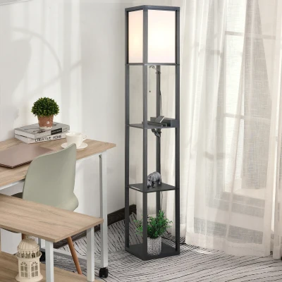 HOMCOM Moderne Stehlampe, Platzsparende Bodenlampe mit Regalen aus Baumwolle, MDF 26 x 26 x 160 cm Schwarz und Weiß