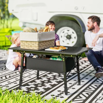 Outsunny Table Camping Pliable Aluminium Noir avec Rangement