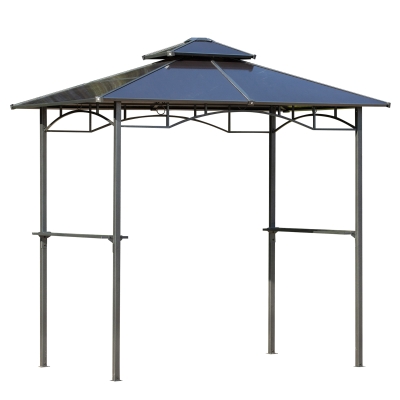 Outsunny Toldo de jardín 2,4x1,5 m - abrigo para barbacoa tipo steakhouse con 2 estantes, techo de barbacoa aluminio y metal Negro