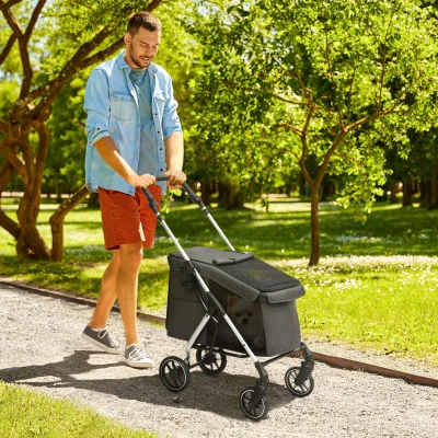 PawHut Carrito para perros 4 ruedas ligero y plegable, cojín lavable, correa de seguridad, ventanas de malla múltiples, Gris