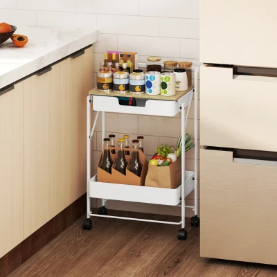 HOMCOM Carrinho Auxiliar com Rodas de 2 Níveis Carrinho de Cozinha com 1 Gaveta e 1 Cesto Carrinho Organizador 45x29,5x68 cm Branco