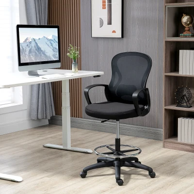 Vinsetto Silla de Oficina con Asiento Alto y Reposapiés Ajustable en Malla Altura Regulable Giratoria Negro
