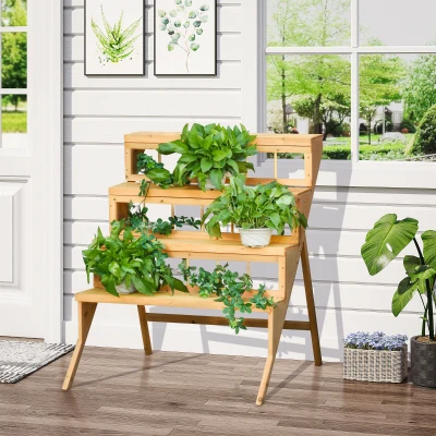 Outsunny Estantería de Flores Tipo Escalera en Madera Soporte de Plantas Estantes de Pots Porta Macetas en Madera de 4 niveles