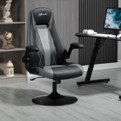 Vinsetto Ergonomischer Gaming-Stuhl mit 360° drehbarer runder Metallbasis Höhenverstellbarer Nackenkissen Klappbare Armlehnen PVC Grau Schwarz