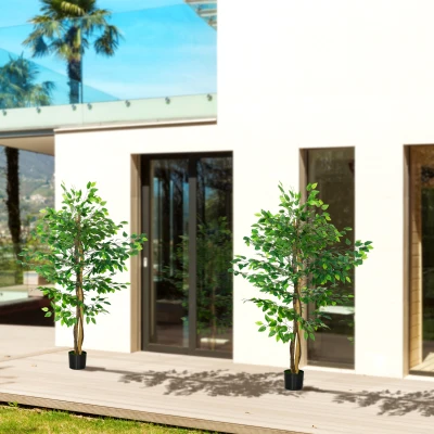 HOMCOM Set von 2 künstlichen Ficus-Pflanzen Höhe 1,50 m Stamm Zweige Ranken Moosimitatblätter sehr realistisch Topf inklusive grün