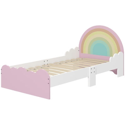 ZONEKIZ Kinderbett für 3 bis 6 Jahre 143 x 74 x 66 cm Regenbogendesign Lattenrost inklusive modernes Zimmer Rosa