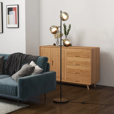 HOMCOM Lampara de pie salon en metal con 3 pantallas globales metal cromado 40W Ø 36 x 162H cm negro y gris