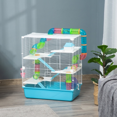 Pawhut Gaiola para Hamster Grande 59x36x69 cm 4 Plataformas Tubos Comedouro Bebedouro 4 Rampas Roda de Exercícios e 2 Alças