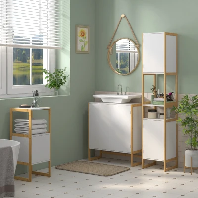 HOMCOM Mueble columna de baño con 2 estantes y 2 armarios estante ajustable bambú y MDF 33x33x170 cm Blanco