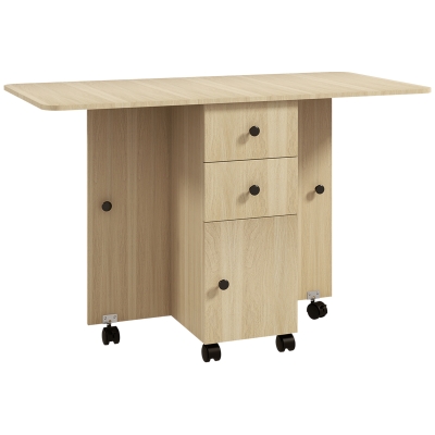 HOMCOM Mesa de Jantar Dobrável com Rodas Mesa Abatível com 2 Gavetas e Armário Mesa Auxiliar Multifuncional 120x60x76,5 cm Madeira