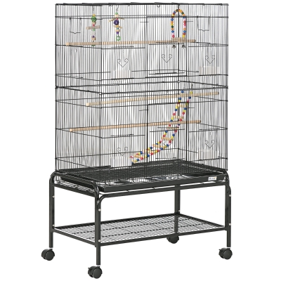 PawHut Gaiola para Pássaros com Rodas com 4 Comedouros 3 Poleiros Brinquedos Bandeja Amovível e Prateleira 79x49x133 cm Preto