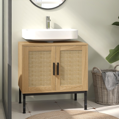 kleankin Armario de baño en diseño boho con elementos de ratán con recorte en forma de 'U' Roble