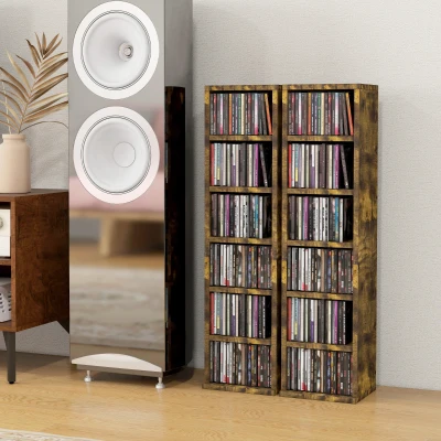 HOMCOM Conjunto de 2 estantes verticales armario de almacenamiento CD 12 compartimentos 21x22,5x88,5 cm capacidad 204 CD Marrón rústico