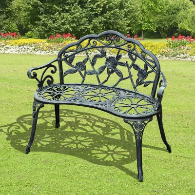 Outsunny Banco de Jardín 2 Plazas Estilo neo-retro Motivo Rosa Líneas estilizadas 100x54x78 cm Fundición de aluminio Verde envejecido