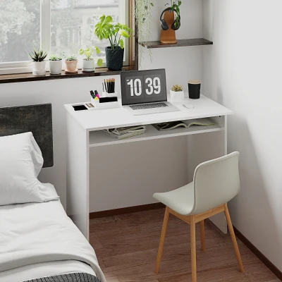 HOMCOM Escritorio de ordenador sobrio y compacto con 1 estante paneles de partículas 90x50x74 cm Blanco lacado