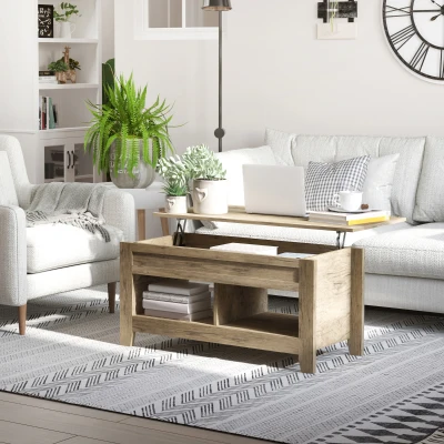 HOMCOM Mesa de centro con tapa elevable mesa de salón con estantes y compartimento oculto 105x50x49-62,5 cm para salón