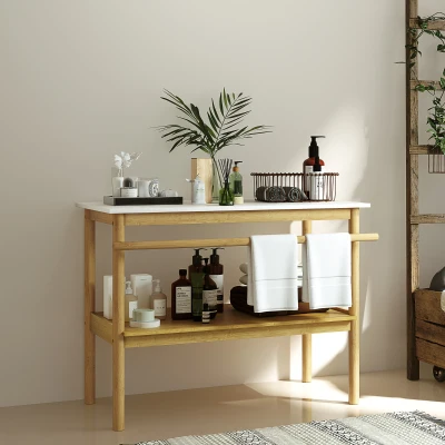HOMCOM Estantería de baño almacenamiento mueble baño de bambú de 2 niveles con barra para toallas estante abierto