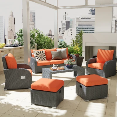 Outsunny Outdoor Rattan Dining Set with Reclining Armchairs Orange