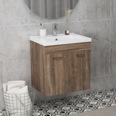 kleankin Mueble bajo lavabo suspendido con lavabo de cerámica y 2 compartimentos 60x45,5x60 cm Marrón claro