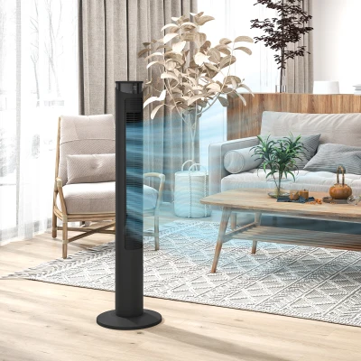 HOMCOM Ventilador de Torre 45W con Control Remoto Temporizador Oscilante a 70° Modo Sueño y Modo Niños Negro