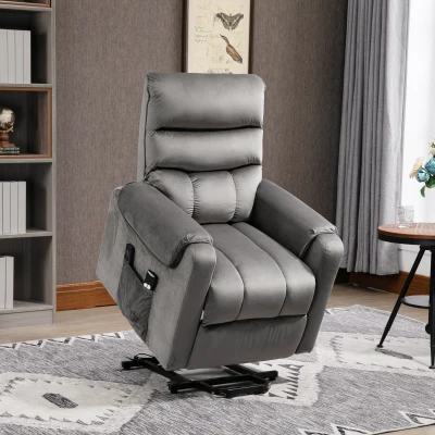 HOMCOM Sillón elevador masaje eléctrico reclinable con Reposapiés mando a distancia revestimiento tela aspecto terciopelo Gris