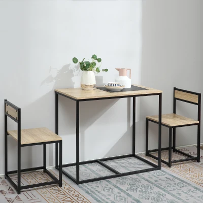 HOMCOM Conjunto de Mesa y sillas de Comedor Juego de 1 Mesa + 2 sillas encastrables para Cocina - metal Negro Aspecto Roble Claro