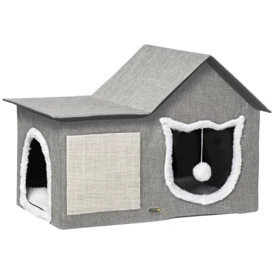 PawHut Casa para Gatos com Almofada para Arranhar almofada Macia e Bola Suspensa 65x41x45,5 cm Cinza