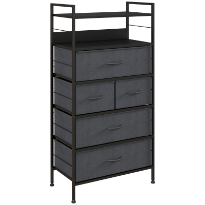 HOMCOM Cómoda Mueble de Almacenamiento 5 cajones en tela amovibles y 2 estantes estructura acero 58x30x120 cm Negro