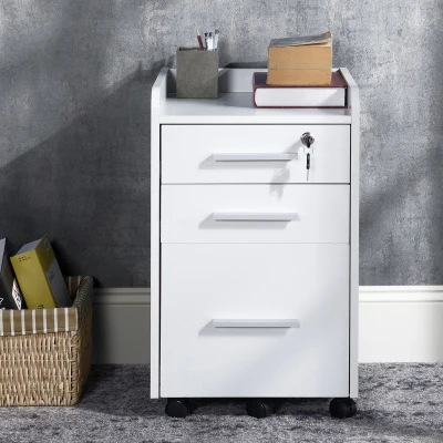 HOMCOM Archivador de oficina con ruedas 3 cajones 1 con llave MDF paneles de partículas Blanco