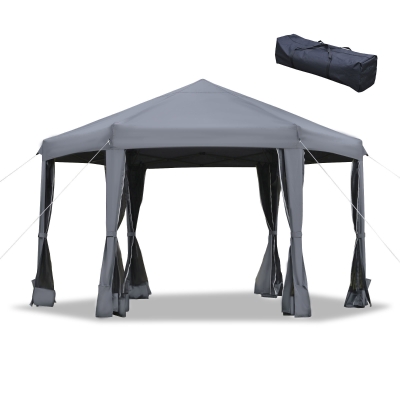 Outsunny 3.2m Pop Up Gazebo Hexagonal Canopy Tent for Outdoor Sun Protection, Includes Mesh Sidewalls and Handy Bag, Grey
