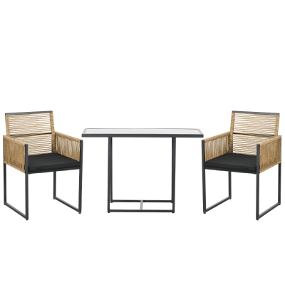 Outsunny Conjunto de 3 Peças de Jardim com 2 Cadeiras de Vime com Encosto Dobrável e Almofadas e Mesa de Vidro Natural e Preto
