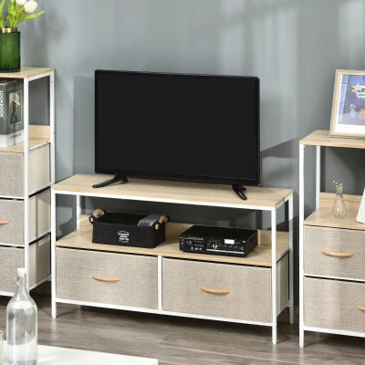 HOMCOM Mueble TV Bajo sobre Patas Estilo Industrial 2 cajones en Tela Gris Madera Natural y Metal Blanco