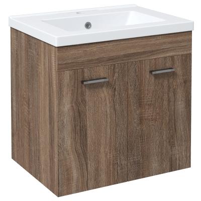 kleankin Mueble bajo lavabo suspendido con lavabo de cerámica y 2 compartimentos 60x45,5x60 cm Marrón claro