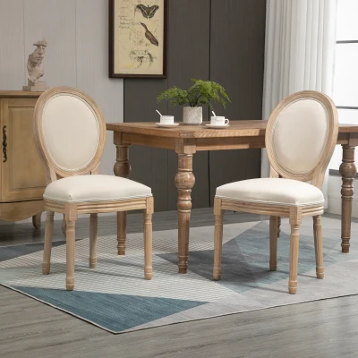 HOMCOM Conjunto de 2 sillas de Comedor - Silla de Salón medallón Estilo Luis XVI - Madera Maciza tallada patinada - Aspecto Lino Beige