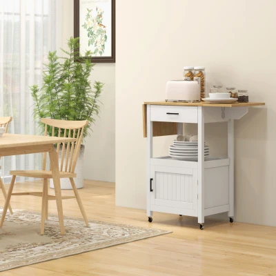 HOMCOM Carrito de servicio carrito de cocina con ruedas Mueble de Almacenamiento mesa plegable cajón estante y armario