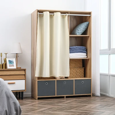 HOMCOM Armario penderie armario de almacenamiento con barra cortina 3 cajones de tela extraíbles 105x48x160 cm natural