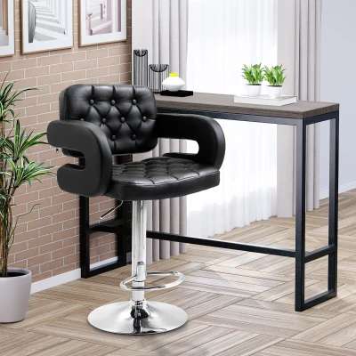 HOMCOM Taburete de Bar Alto con Respaldo y Reposabrazos Giratorio con Altura Ajustable y Reposapiés Cuero Artificial Negro