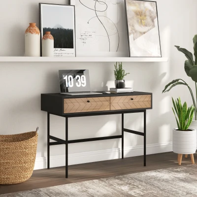 HOMCOM Escritorio compacto consola con 2 cajones frentes de espiga estructura metal Negro 106x50x77 cm