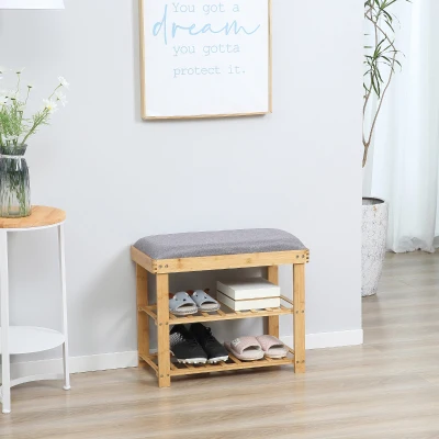 HOMCOM Banco de Zapatos Mueble de Zapatos 2 estantes Cojín Gris integrado Bambú