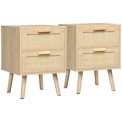 HOMCOM Conjunto de 2 mesitas de noche mesas auxiliares 2 cajones fachadas de mimbre estilo bohemio 40x40x56 cm natural