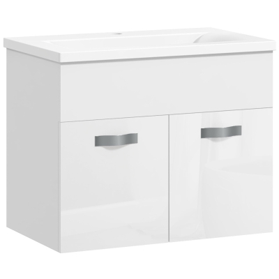 kleankin Mueble Baño Suspendido con Lavabo Armario de 2 Puertas con Bisagras Amortiguadas 61x40x50 cm Blanco Brillante