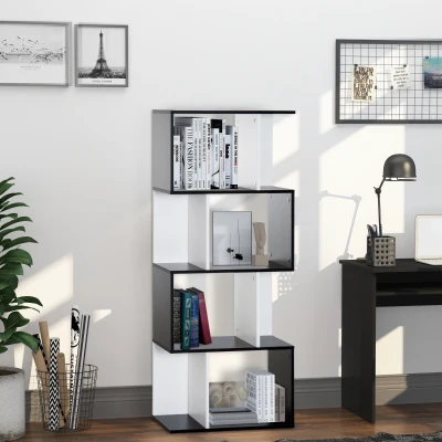 HOMCOM Biblioteca estantería Mueble de Almacenamiento Diseño Contemporáneo en S 4 estantes 60x24x148 cm Negro Blanco